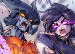  1boy 1girl aatrox black_hair chain glowing glowing_eyes helmet league_of_legends long_hair morgana_(league_of_legends) muscular muscular_male orange_eyes phantom_ix_row pink_eyes teeth upper_teeth_only 