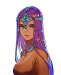  1girl blue_gemstone breasts brown_shirt circlet closed_mouth collarbone commentary dark-skinned_female dark_skin dragon_quest dragon_quest_iv earrings from_side gem glint green_eyes highres jewelry large_breasts lipstick long_hair looking_to_the_side makeup minea_(dq4) multicolored_eyes neck_ring okada_(hoooojicha) purple_eyes purple_hair shirt sideways_glance simple_background solo straight_hair upper_body white_background 