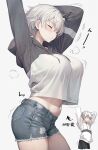  1girl age_progression arms_up breasts crop_top crop_top_overhang denim denim_shorts hood hoodie kurono_mitsuki large_breasts midriff navel original short_hair shorts stretching white_hair white_hoodie 