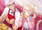  1boy 1girl ^_^ absurdres animal_ear_fluff animal_ears apron blonde_hair blush bow brown_eyes bucket_of_chicken cat_ears cat_girl cat_hair_ornament cat_tail chicken_(food) closed_eyes colonel_sanders eating employee_uniform facial_hair fast_food fast_food_uniform food fried_chicken glasses hair_ornament happy highres holding holding_food kfc mustache old old_man one_eye_closed pocket_square red_apron rissa_(virtual_youtuber) sahara1127 shirt short_hair sitting smile sparkle string_tie tail twintails uniform virtual_youtuber white_hair 