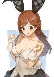  1girl alice_gear_aegis animal_ears aomoro blush bow breasts brown_eyes brown_hair cleavage collar collarbone detached_collar highres large_breasts leotard long_hair looking_at_viewer open_mouth playboy_bunny rabbit_ears rabbit_tail red_bow solo steaming_body strapless strapless_leotard tail usamoto_anna vorpal_bunny white_collar white_leotard wrist_cuffs 