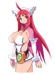 ahoge blue_eyes breasts cleavage copyright_request cropped_legs headdress huge_breasts long_hair pink_hair red_hair revealing_clothes ryoji_(nomura_ryouji) sideboob simple_background smile solo thighs white_background 