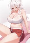  1girl ahoge bare_shoulders blush breasts cleavage closed_eyes collarbone dolphin_shorts highres iwbitu large_breasts long_hair navel nyopu open_mouth original ponytail red_shorts shorts sitting solo sports_bra thick_thighs thighs white_hair white_sports_bra 