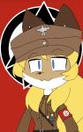 anthro averi_(fiddleafox) blonde_hair blue_eyes brown_body brown_fur canid canine clothing female female_anthro fox fur hair mammal nazi nazi_uniform simple_background solo standing swastika uniform unknown_artist white_body white_fur