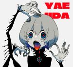 1girl bags_under_eyes blue_eyes extra_arms extra_digits grey_hair monster_girl multicolored_eyes open_mouth original pale_skin panda23577667 portrait red_pupils ringed_eyes sharp_teeth simple_background solo teeth tongue tongue_out white_background wide-eyed 