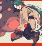  1girl black_gloves boots clodsire earrings food fruit gloves green_hair highres japanese_clothes jewelry kimono mandarin_orange miri_(cherryjelly) pokemon pokemon_sv rika_(pokemon) 