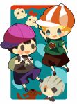  3boys black_shirt blush_stickers boney border brown_dog brown_shorts character_print doseisan green_shirt hat hitofutarai lucas_(mother_3) male_focus masked_man_(mother_3) mother_(game) mother_2 mother_3 multiple_boys ness_(mother_2) open_mouth purple_headwear shirt short_sleeves shorts sideways_hat striped striped_headwear super_smash_bros. white_border 