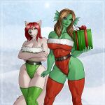 1:1 2023 animal_humanoid anthro belt big_breasts black_sclera breasts brown_hair canid canine christmas christmas_clothing christmas_present cleavage clothed clothing crossed_arms duo female fish fish_humanoid fox frill_(anatomy) fur gift green_body green_clothing green_eyes green_latex green_legwear green_leotard green_skin green_thigh_highs grumpy hair hi_res holding_present holidays humanoid latex latex_clothing latex_legwear latex_leotard latex_thigh_highs legwear leotard looking_at_viewer mammal marine marine_humanoid planktonheretic purple_eyes red_clothing red_hair red_latex red_legwear red_leotard red_thigh_highs standing thigh_highs white_body white_fur