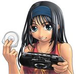 black_hair copyright_request green_eyes handheld_game_console headband long_hair man_(trance) playstation_portable smile solo 