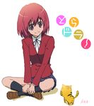  animal black_legwear blazer blue_skirt blush brown_eyes cat copyright_name full_body jacket kazunari kneehighs kushieda_minori loafers oohashi_high_school_uniform red_hair school_uniform shoes short_hair simple_background size_difference skirt smile solo toradora! white_background 