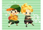  2boys alternate_color backpack bag baseball_cap black_hair black_shorts blonde_hair blush_stickers brown_footwear casting_spell chibi closed_mouth full_body green_footwear green_headwear green_shorts green_socks hat hitofutarai index_finger_raised lucas_(mother_3) male_focus mother_(game) mother_2 mother_3 multiple_boys ness_(mother_2) outstretched_arm player_2 red_bag shirt shorts smile socks striped striped_background striped_shirt super_smash_bros. white_socks 
