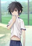  1boy big_hero_6 black_hair black_male_underwear blurry blurry_background brown_eyes day gym_uniform hair_between_eyes highres hiro_hamada kusatta_shake_(syake_girk) male_focus male_underwear outdoors shirt short_sleeves solo sweat twitter_username underwear white_shirt wiping_sweat 