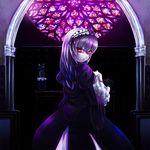  asa_(swallowtail) bangs eyebrows_visible_through_hair hair_between_eyes long_hair looking_back red_eyes rozen_maiden solo stained_glass suigintou 