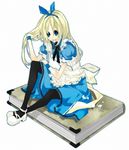  ak_(artist) alice_(wonderland) alice_in_wonderland apron bad_id bad_pixiv_id black_legwear blonde_hair blue_eyes book long_hair lowres pantyhose ribbon solo 