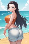  ass back bare_arms bare_shoulders beach black_hair breasts closed_mouth crop_top crop_top_overhang dress forehead from_behind green_eyes hair_behind_ear highres ho_haiiro huge_ass large_breasts lipstick long_hair looking_at_viewer looking_back makeup midriff nape nico_robin ocean one_piece orange_shirt outdoors shirt short_shorts shorts sideboob sky smile white_shorts 