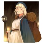  1girl arnat_chintanont backpack bag blonde_hair blue_headwear blue_jacket cave closed_eyes dungeon_meshi falin_thorden hat highres holding holding_staff jacket light_blush long_sleeves short_hair simple_background sleeping_bag smile staff 