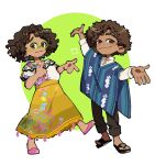  1boy 1girl alternate_color arm_up brown_eyes brown_hair brown_pants camilo_madrigal colombian_clothing color_switch cousins curly_hair dress encanto glasses green-framed_eyewear highres mirabel_madrigal outstretched_hand pants sandals skirt smile standing sweetp247 