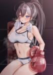  1girl blush boxing_gloves boxing_ring breasts cleavage commission dripping grey_hair hair_between_eyes heterochromia highres insignia looking_at_viewer medium_breasts multicolored_hair navel original parted_lips ponytail rryiup solo sports_bikini sportswear steam steaming_body stomach sweat sweat_stain towel towel_around_neck two-tone_hair very_sweaty wiping_sweat 
