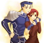  1girl akiha_(ominaeshi) bazett_fraga_mcremitz fate/hollow_ataraxia fate/stay_night fate_(series) formal hug hug_from_behind lancer pant_suit source_request suit 