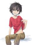  1boy big_hero_6 black_hair brown_eyes brown_pants clothes_lift grin hair_between_eyes highres hiro_hamada kusatta_shake_(syake_girk) lifted_by_self male_focus missing_tooth navel pants red_shirt shirt shirt_lift short_sleeves simple_background sitting smile solo twitter_username white_background 