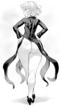 1girl ass ass_focus bare_shoulders blush breasts curly_hair greyscale hands_on_own_hips high_heels highleg highleg_panties highres huge_ass looking_at_viewer looking_back looking_to_the_side micro_panties mogudan monochrome one-punch_man panties pelvic_curtain short_hair small_breasts solo tatsumaki thick_thighs thighs thong underwear 