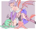  2girls animal_print bat_print black_leotard blush breasts bridal_gauntlets clothed_sex commentary_request cum demon_girl ejaculation fucked_silly futa_with_female futa_yuri_ryona futanari green_eyes green_hair head_wings highres implied_futanari large_breasts leotard lilith_aensland low_wings morrigan_aensland multiple_girls pantyhose purple_hair purple_pantyhose red_eyes red_leotard rolling_eyes saliva sex sex_from_behind small_breasts spread_legs strangling vampire_(game) wings 