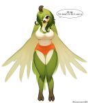 absurd_res anthro avian beak bird blush bottomwear breasts chickhawk96 cleavage clothed clothing dialogue english_text feathered_wings feathers female front_view green_body green_feathers green_hair hair hair_over_eye hi_res hotpants looking_at_viewer midriff one_eye_obstructed owl shirt shorts solo speech_bubble standing tank_top text topwear winged_arms wings
