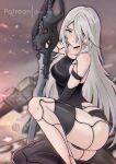  1girl a2_(nier:automata) absurdres android bare_shoulders blue_eyes blurry blurry_background breasts chascoby closed_mouth collarbone commentary hair_intakes highres holding holding_sword holding_weapon joints long_hair looking_at_viewer medium_breasts nier:automata nier_(series) patreon_username solo squatting sword watermark weapon white_hair 