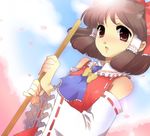  :o blue_sky blush bow broom brown_hair chigo day hair_bow hair_tubes hakurei_reimu holding looking_at_viewer looking_back outdoors parted_lips red_eyes ribbon-trimmed_sleeves ribbon_trim short_hair sky solo tareme touhou 