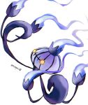  artist_name chandelure commentary_request fire floating highres no_humans pokemon pokemon_(creature) purple_fire rongai28 simple_background twitter_username white_background yellow_eyes 