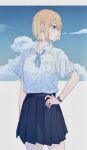  1girl absurdres blonde_hair blue_eyes blue_ribbon blue_sky breast_pocket buttons cloud collared_shirt earrings hand_on_own_hip highres jewelry looking_to_the_side medium_hair open_mouth original outdoors pleated_skirt pocket ribbon school_uniform shichi_(ratorin53) shirt shirt_tucked_in short_sleeves skirt sky solo stud_earrings watch wristwatch 