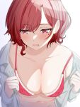  1girl absurdres blush collarbone highres higuchi_madoka idolmaster idolmaster_shiny_colors lingerie mole mole_under_eye musha_no_kozi navel open_mouth red_eyes red_hair shirt short_hair simple_background solo underwear upper_body white_background white_shirt 