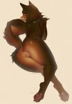2023 4_toes anthro anus artist_name barefoot brown_body brown_eyes brown_fur butt canid canine character_(rura) claws collar digital_media_(artwork) feet female fur genitals hi_res innie_pussy looking_at_viewer looking_back looking_back_at_viewer mammal mashiro_sssinohu nude pawpads paws pink_pawpads presenting presenting_hindquarters pussy simple_background solo toe_claws toes