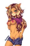 &lt;3 2023 absurd_res activision anthro bandicoot big_breasts blonde_hair blush bodily_fluids breasts butt canid canine clothed clothed/nude clothing crash_bandicoot_(series) digital_media_(artwork) female fur genitals green_eyes hair hi_res huge_breasts jellystripe long_hair mammal marsupial nipples nude pussy simple_background solo tawna_bandicoot