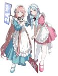  2girls ahute alternate_costume apron black_ribbon blue_dress blue_eyes blue_footwear blue_hair braid closed_mouth dress enmaided frilled_apron frills hair_intakes highres holding holding_sign light_blue_hair long_hair looking_at_viewer maid maid_apron maid_headdress multiple_girls orange_hair original pink_dress pink_eyes pink_footwear puffy_short_sleeves puffy_sleeves ribbon ringlets short_sleeves sign smile standing teeth thighhighs twin_braids very_long_hair waist_apron white_apron 
