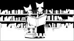  1boy 1girl 21grams-a :o animal_ear_headwear animal_ears beanie book book_stack bookshelf cat_ears child closed_eyes closed_mouth collared_shirt commentary_request dress fake_animal_ears full_body hat high_collar holding holding_book indoors library long_dress long_sleeves monochrome open_book open_mouth original oversized_clothes pants pantyhose reading scarf shadow shirt shoes short_hair sleeveless sleeveless_dress slippers smile star_(symbol) star_print striped striped_pants striped_scarf sweater vertical-striped_pants vertical_stripes very_short_hair 