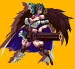  1girl bare_shoulders bird_wings black_hair black_thighhighs black_wings bow breasts cape covered_nipples full_body gatling_gun green_bow gun hair_bow high_heels holding holding_gun holding_weapon large_breasts long_hair looking_at_viewer mmmmatimmmmati muscular muscular_male open_mouth orange_background pixel_art red_eyes reiuji_utsuho shoes simple_background single_shoe solo thighhighs third_eye touhou weapon white_cape white_footwear wings 