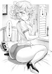  1girl absurdres ass bare_shoulders bed blush breasts curly_hair from_behind from_side greyscale hair_between_eyes high_heels highres huge_ass indoors looking_at_viewer looking_back mogudan monochrome on_bed one-punch_man panties parted_lips pillow shirt short_hair sitting small_breasts solo t-shirt tatsumaki thighs underwear wariza 