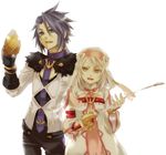  1girl alice_(tales) decus green_eyes miho_(mi) ponytail purple_hair rapier short_hair simple_background smile sword tales_of_(series) tales_of_symphonia tales_of_symphonia_knight_of_ratatosk weapon white_hair yellow_eyes 