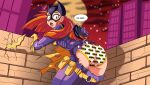  bad_link barbara_gordon batarang batgirl batman_symbol blush brick_wall catsuit dc_comics embarrassed highres imsomethingradical moon orange_hair panties pants print_panties speech_bubble torn_clothes torn_pants underpants underwear white_panties 