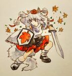  1girl animal_ears closed_mouth commentary_request detached_sleeves full_body holding holding_shield holding_sword holding_weapon inubashiri_momiji key747h leaf maple_leaf pom_pom_(clothes) red_eyes red_headwear ribbon-trimmed_sleeves ribbon_trim shield socks solo sword tail touhou weapon white_socks wolf_ears wolf_girl wolf_tail 