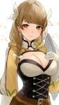  1girl braid breasts brown_eyes brown_hair cleavage commentary_request corset fire_emblem fire_emblem_engage gloves goldmary_(fire_emblem) hair_ribbon haru_(nakajou-28) highres large_breasts long_hair long_sleeves ribbon shrug_(clothing) solo upper_body white_background white_gloves white_ribbon 