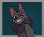 2024 anthro bat biped black_body black_fur black_nose blush blush_lines border braces bust_portrait cheek_tuft clothed clothing deke_(ittybittykittytittys) facial_tuft fur green_background grey_body grey_border grey_fur head_tuft hi_res ittybittykittytittys looking_at_viewer male mammal megabat membrane_(anatomy) membranous_wings one_eye_closed open_mouth open_smile portrait simple_background smile solo tuft wings wink