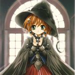  aquarian_age brown_hair dress earrings gotou_nao green_eyes hat jewelry short_hair solo witch_hat 