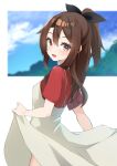  1girl :d alternate_costume black_bow blush bow brown_eyes brown_hair casual cloud cowboy_shot day dress from_behind from_side hair_between_eyes hair_bow high_ponytail highres kantai_collection long_hair looking_at_viewer looking_back open_mouth outdoors red_shirt shirt short_sleeves sidelocks skirt_hold sky smile solo standing t-shirt white_background white_dress zarashi zuihou_(kancolle) 