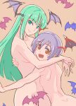  2girls bat_(animal) commentary_request completely_nude futa_yuri_ryona green_eyes green_hair hug lilith_aensland long_hair looking_at_viewer morrigan_aensland multiple_girls nude purple_hair red_eyes short_hair vampire_(game) yuri 