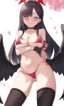  1girl absurdres armband bikini black_choker black_gloves black_hair black_thighhighs black_wings blue_archive blue_eyes blush breasts choker closed_eyes collarbone facing_viewer falling_leaves feathered_wings gloves hair_ornament hairclip halo highres ichika_(blue_archive) jixo_(user_nzhc8728) large_breasts leaf navel red_armband red_bikini red_halo side-tie_bikini_bottom skindentation smile solo stomach swimsuit thighhighs wings zettai_ryouiki 