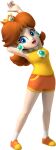  1girl :d absurdres arm_up blue_eyes breasts brown_hair crown earrings flower_earrings full_body highres jewelry long_hair looking_at_viewer mario_&amp;_sonic_at_the_olympic_games mario_(series) official_alternate_costume official_art open_mouth orange_shorts princess_daisy shirt shoes short_shorts shorts sleeveless smile sneakers solo sportswear standing stretching tennis_daisy transparent_background 