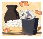  1girl antenna_hair ass blush chopsticks eating food grey_hair highres in_bowl in_container kizuna_akari long_hair milkpanda motion_lines noodles solo sound_effects udon voiceroid 