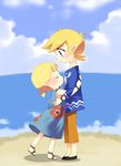  1girl artist_request aryll blonde_hair blue_eyes brother_and_sister hug link ocean pointy_ears sandals siblings smile the_legend_of_zelda the_legend_of_zelda:_the_wind_waker toon_link twintails 